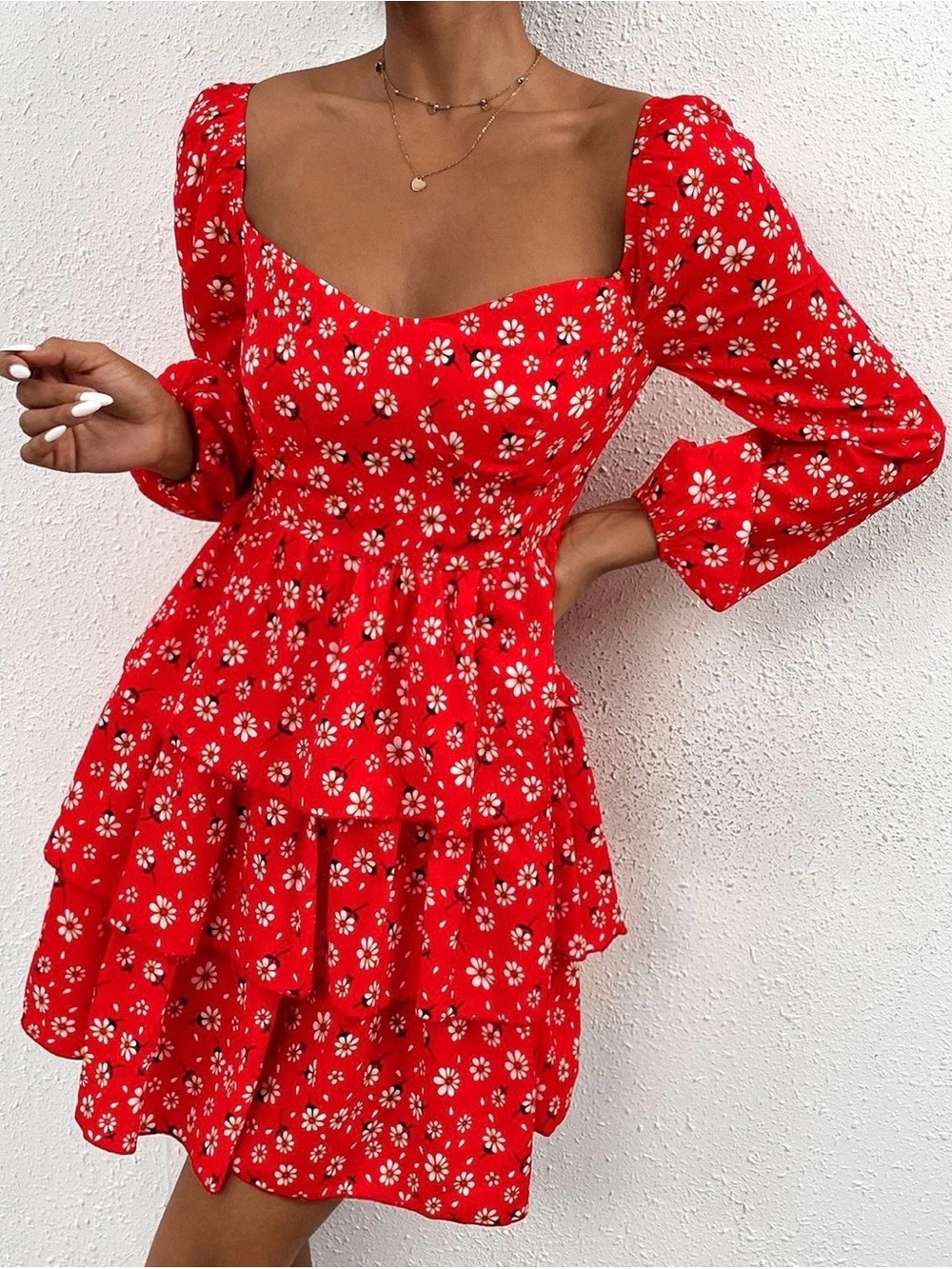 Red Floral Tiered Mini Dress with Square Neck